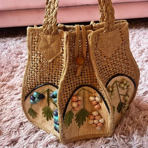 Vintage Handcrafted Tan Woven Bag with Colorful Raffia Flowers - Picture 5 of 5